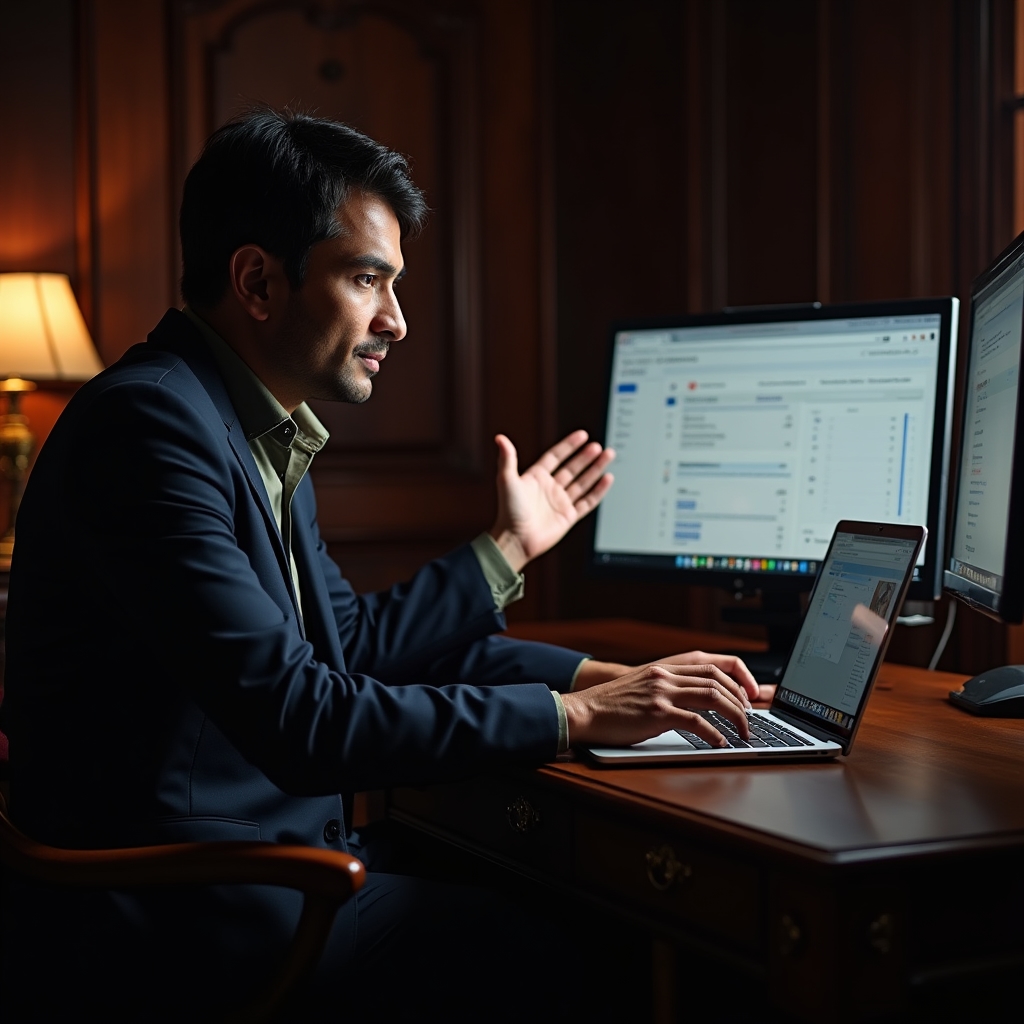Analyst conducting a consulting session on video call, reviewing search data on second monitor