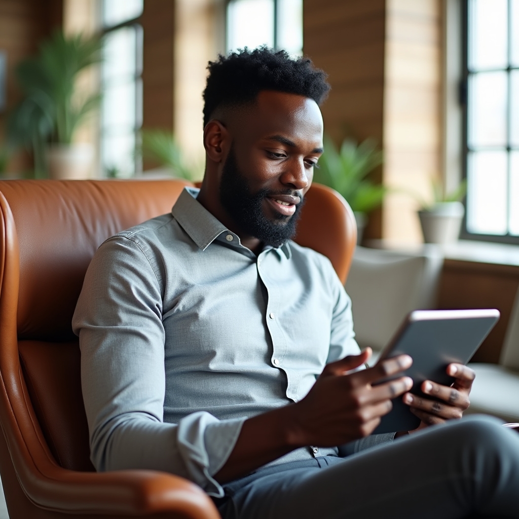 Marketing professional reading newsletter on tablet in bright modern office setting