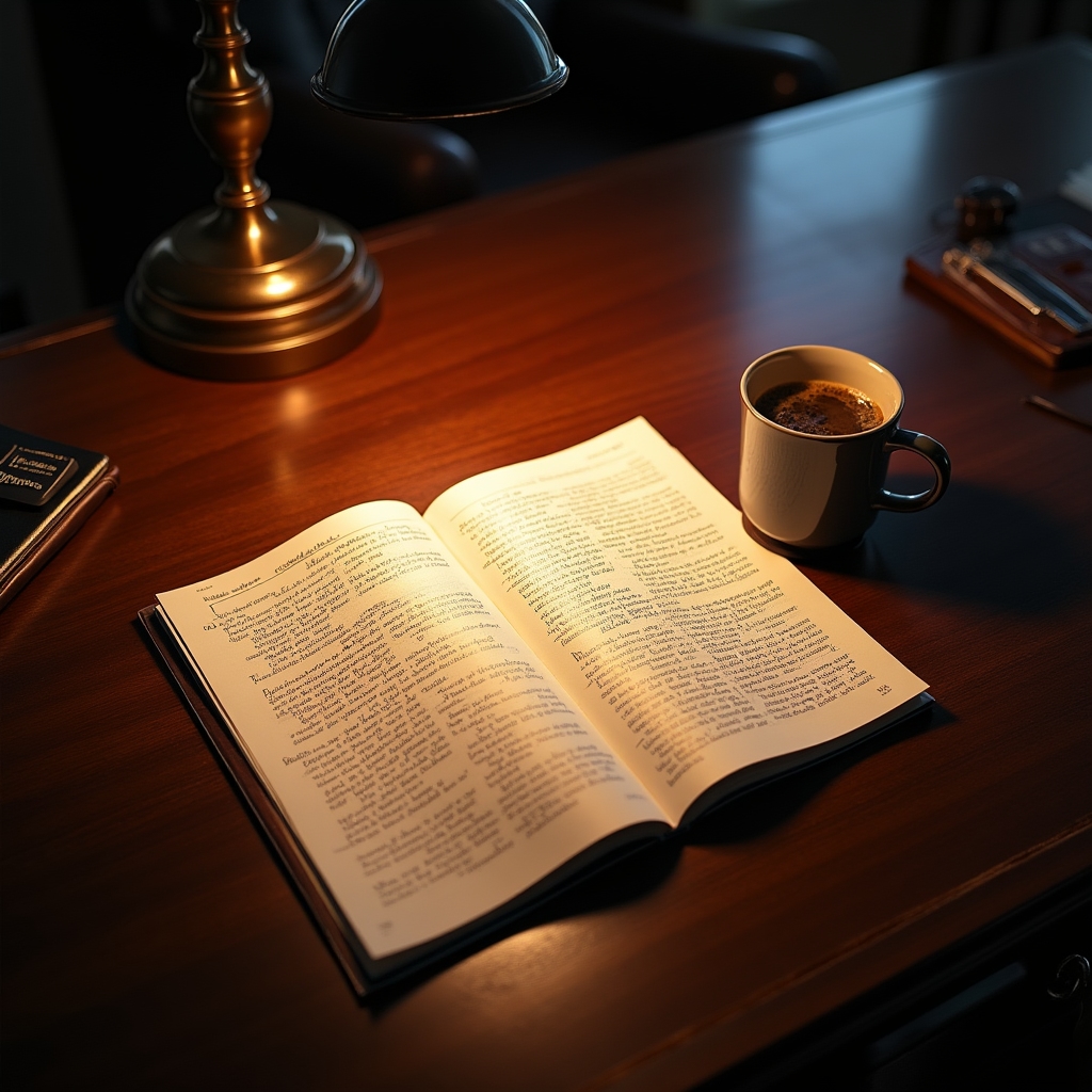Clean desk with newsletter draft and coffee, warm editorial atmosphere