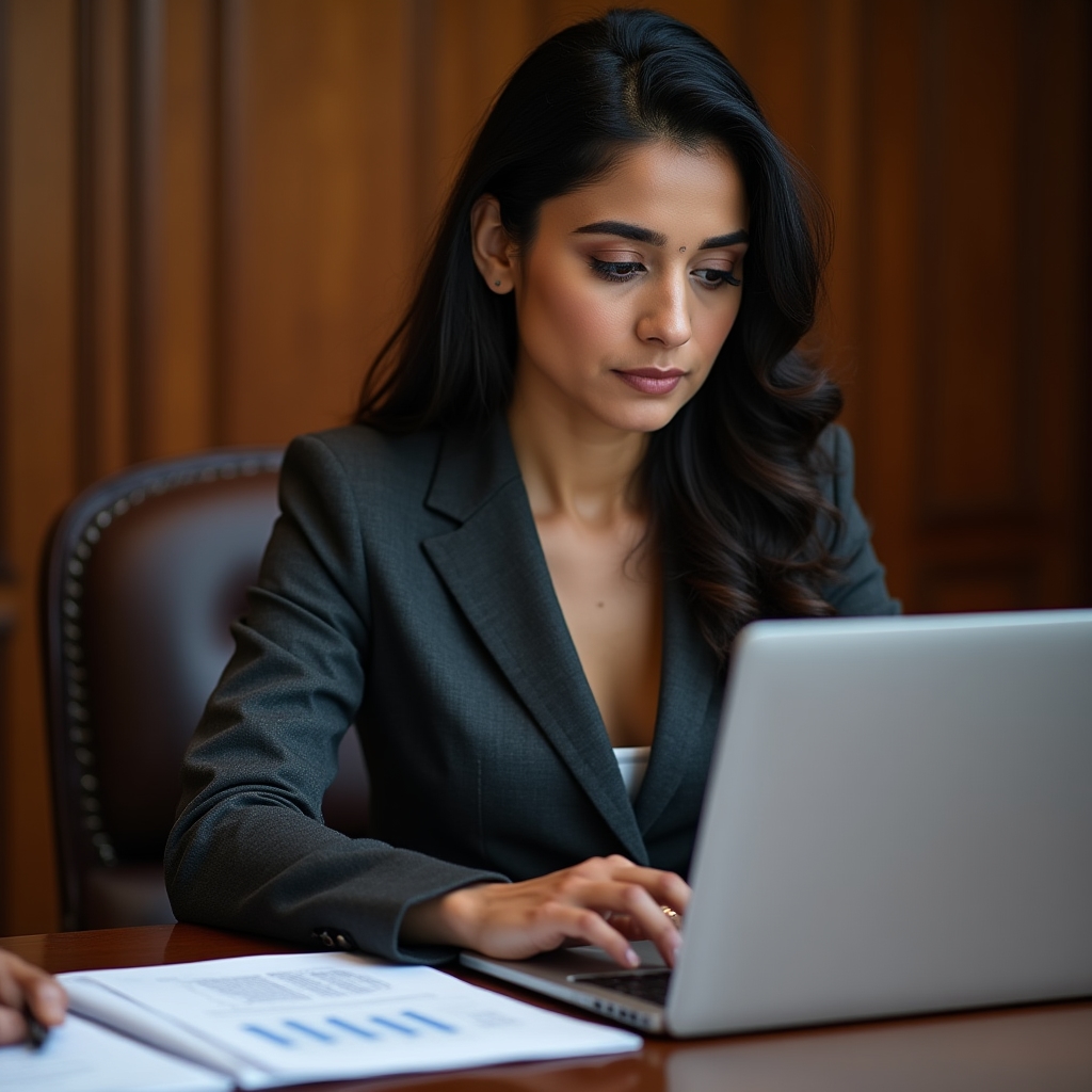 Marketing professional reviewing Google Search Console data on laptop in modern office