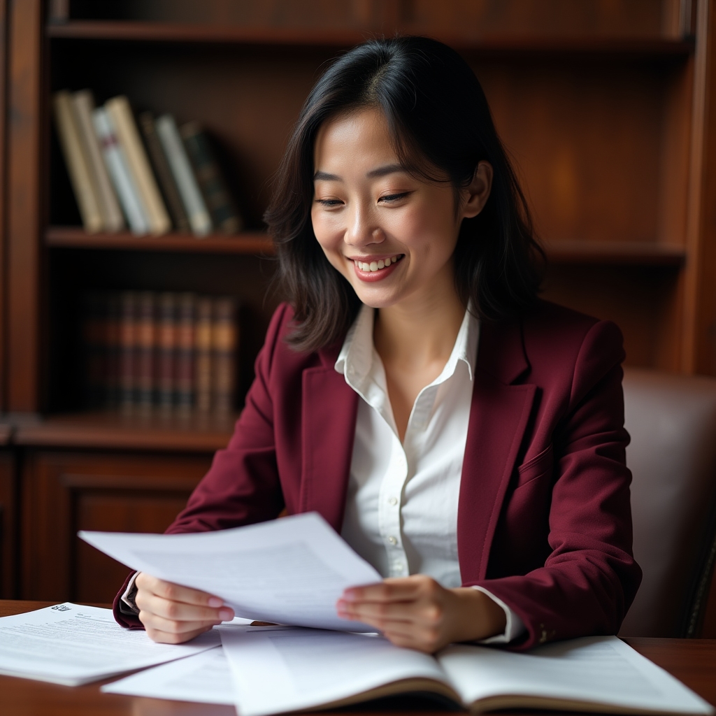 Content researcher, female, late 30s, reviewing printed documentation at traditional wood desk